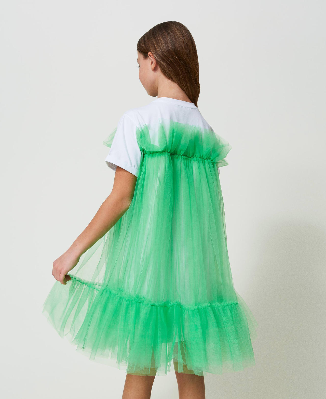 Short tulle crew neck dress Two-tone &ldquo;Lucent White&rdquo; / "Four-Leaf Clover&rdquo; Green Girl 241GJ2Q1C_11382_03
