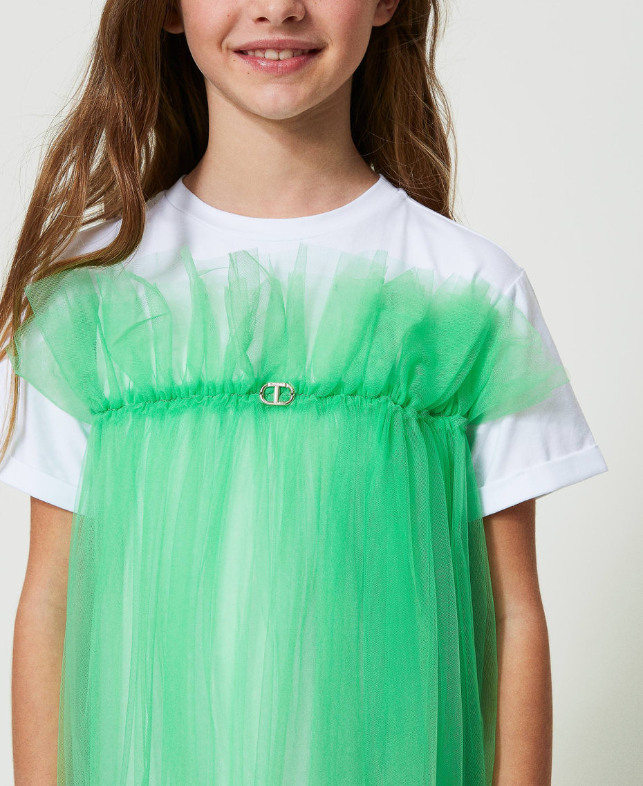 Short tulle crew neck dress Two-tone &ldquo;Lucent White&rdquo; / "Four-Leaf Clover&rdquo; Green Girl 241GJ2Q1C_11382_04