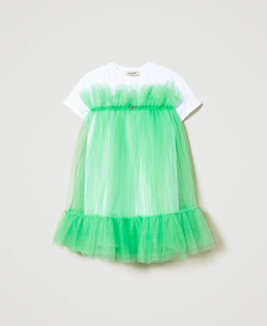 Short tulle crew neck dress Two-tone &ldquo;Lucent White&rdquo; / "Four-Leaf Clover&rdquo; Green Girl 241GJ2Q1C_11382_S0