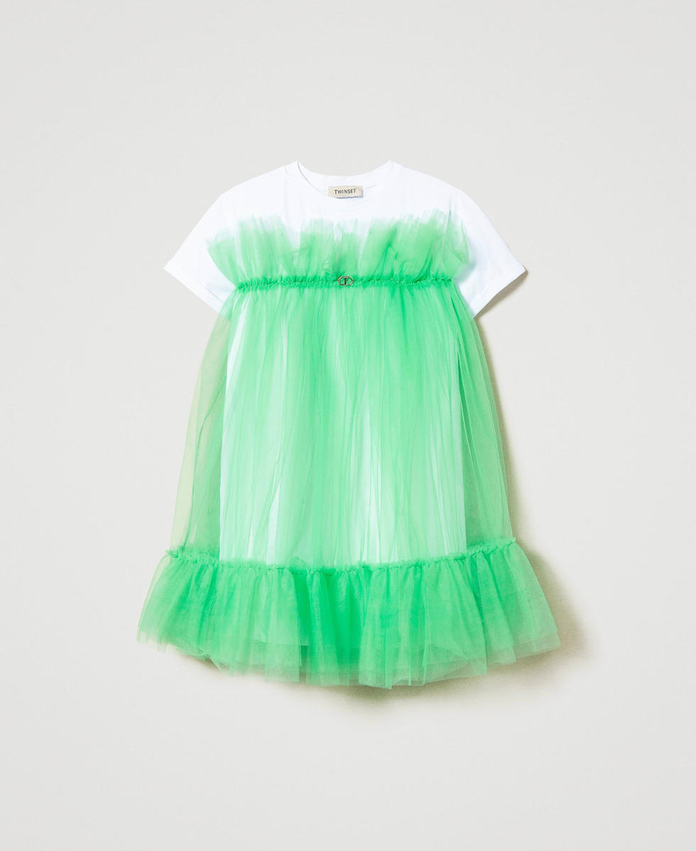 Abito corto girocollo in tulle Bicolor Bianco "Lucent White" / Verde "Quadrifoglio" Bambina 241GJ2Q1C_11382_S0