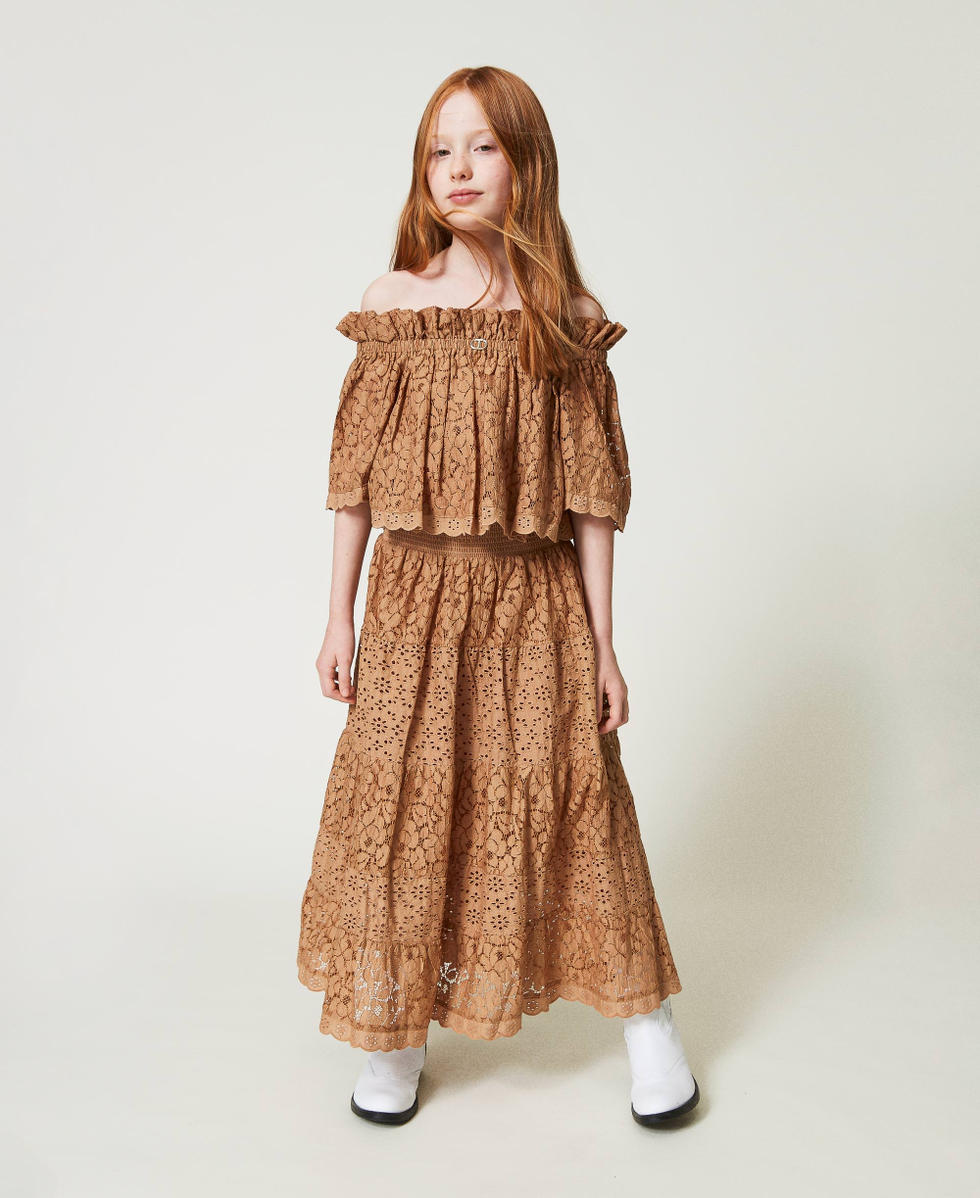 Off-Shoulder-Bluse aus Spitze Tobacco Brown M&auml;dchen 241GJ2Q20_11272_T0