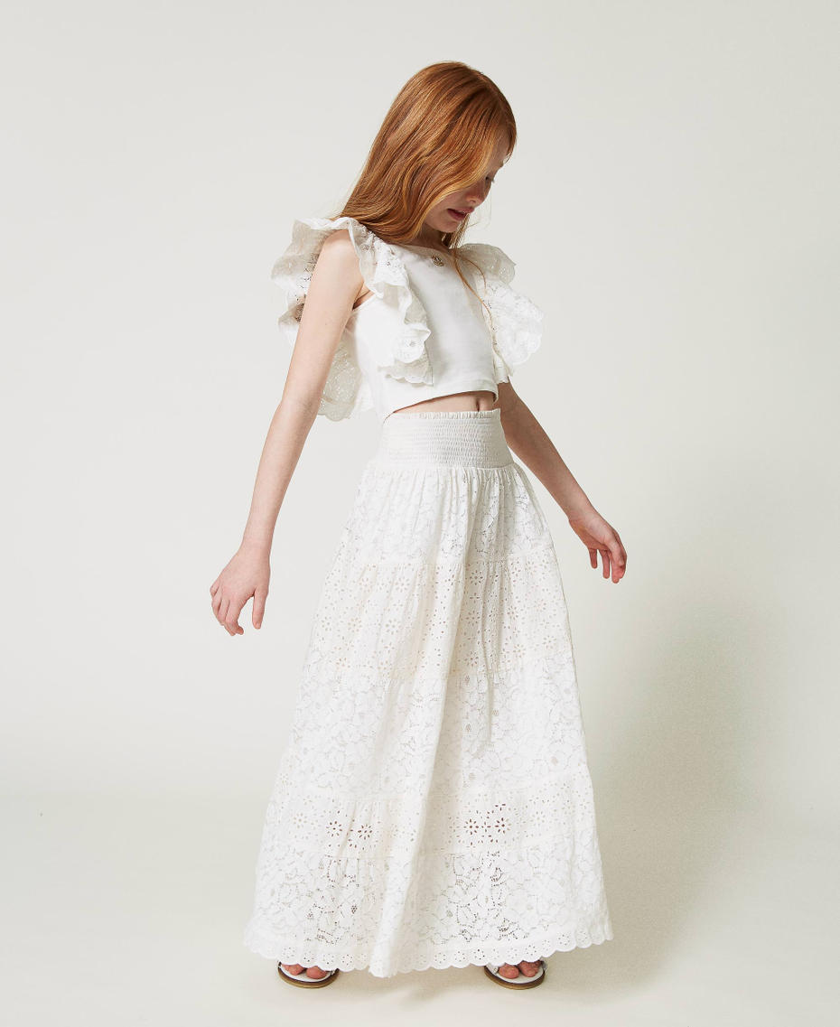 Vestido-falda de encaje y bordado suizo Blanco "Lucent White" Niña 241GJ2Q21-04