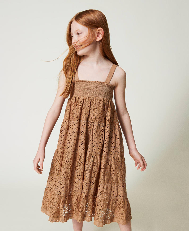 Платье-юбка из кружева и сангалло Коричневый "Коричневый Табак" Девочка 241GJ2Q21_11272_02