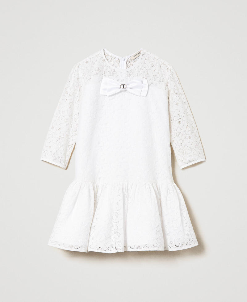 Kurzes Kleid aus Spitze mit Schleife Lucent White Mädchen 241GJ2Q22-0S