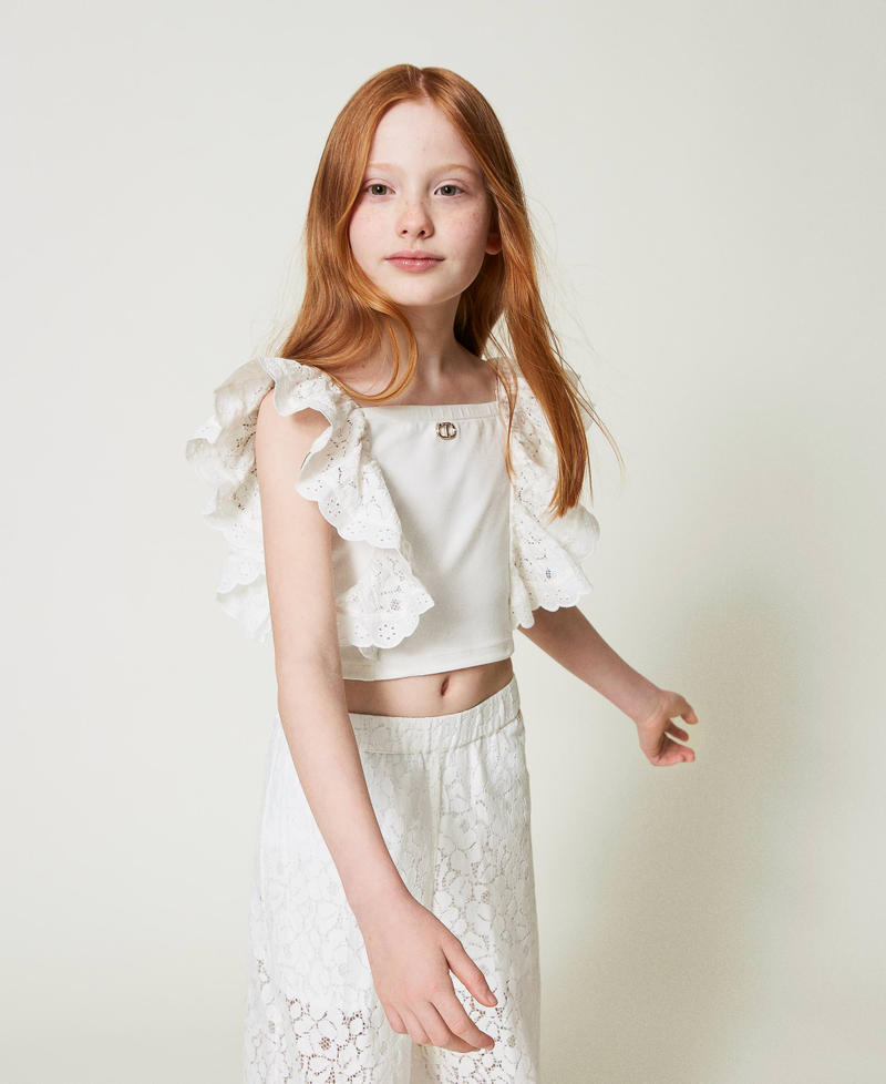 Top with lace and broderie anglaise ruffles "Lucent White" Girl 241GJ2Q25-01