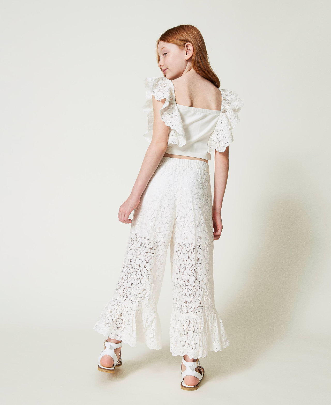 Pantaloni in pizzo e sangallo Bambina, Bianco | TWINSET Milano