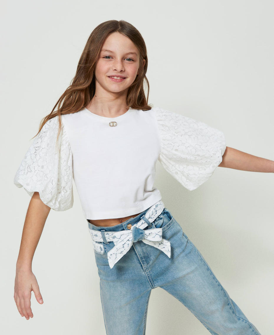 T-shirt with lace sleeves "Lucent White" Girl 241GJ2Q27-01