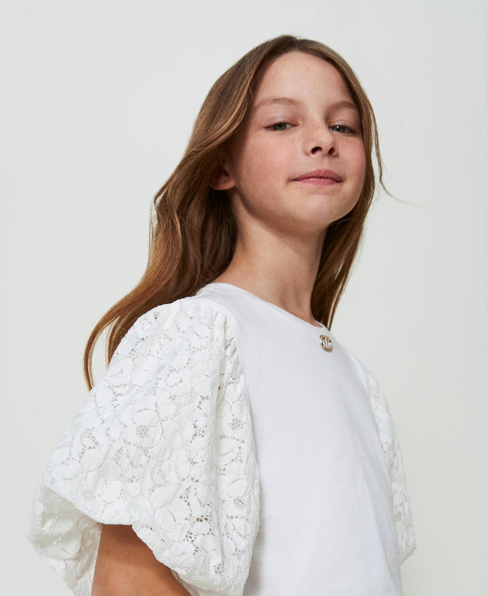 T shirt avec manches en dentelle Fille Blanc TWINSET Milano