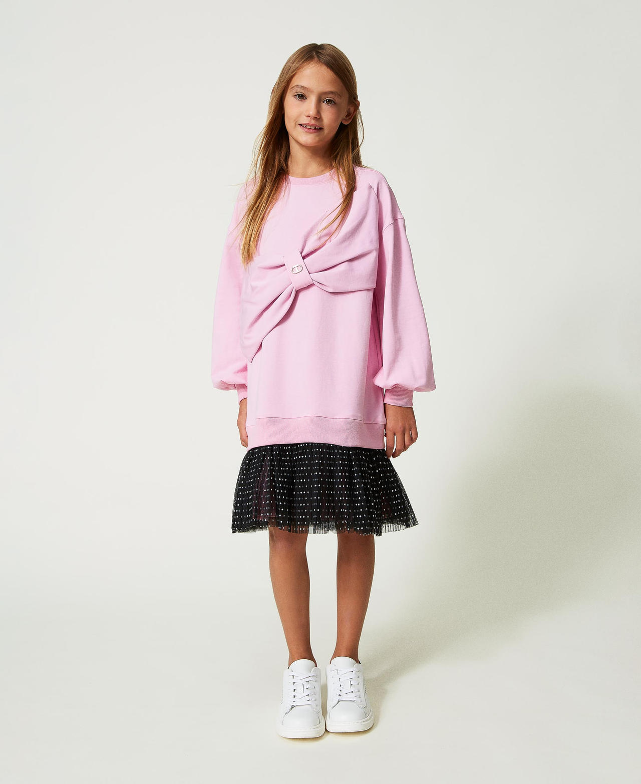 Short plush fabric dress with polka-dot flounce