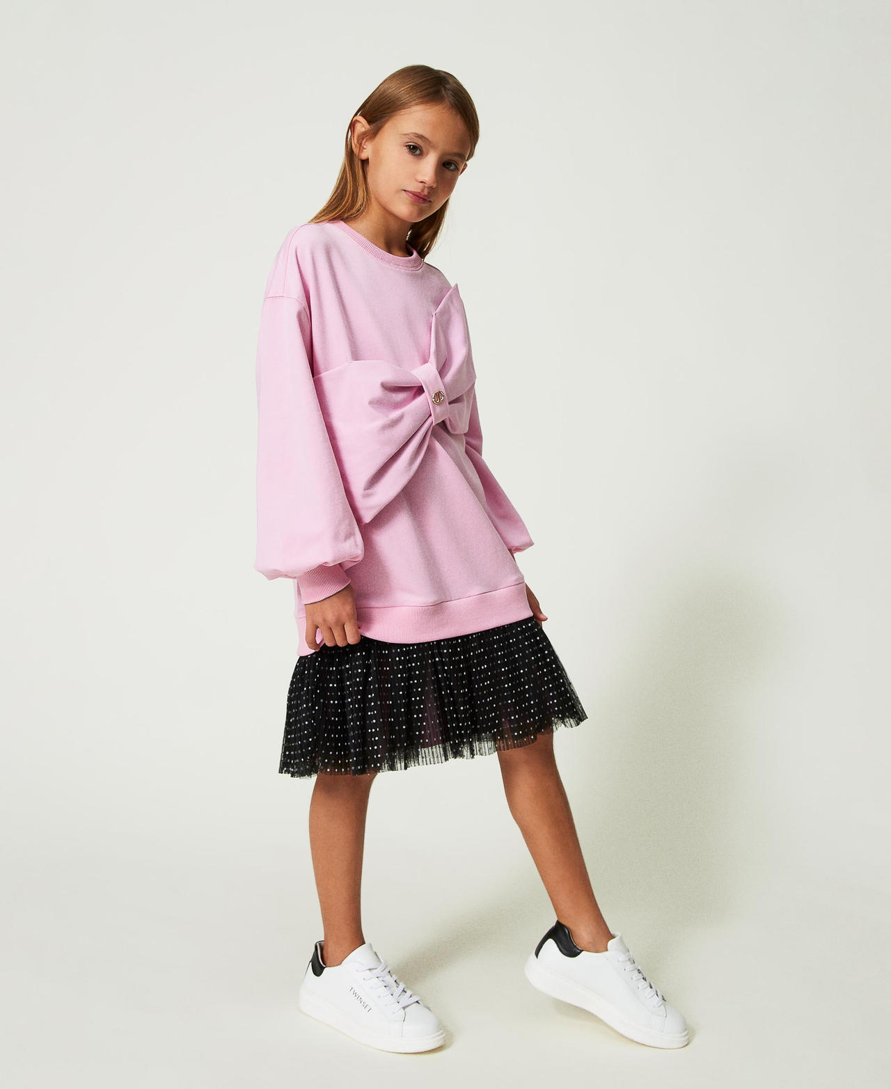 Short plush fabric dress with polka-dot flounce