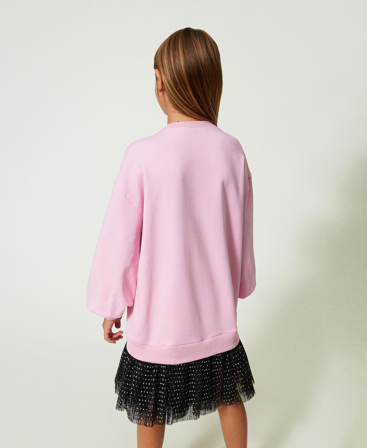 Short plush fabric dress with polka-dot flounce Two-tone “Bonbon” Pink / Polka Dots Girl 241GJ2Q43-03