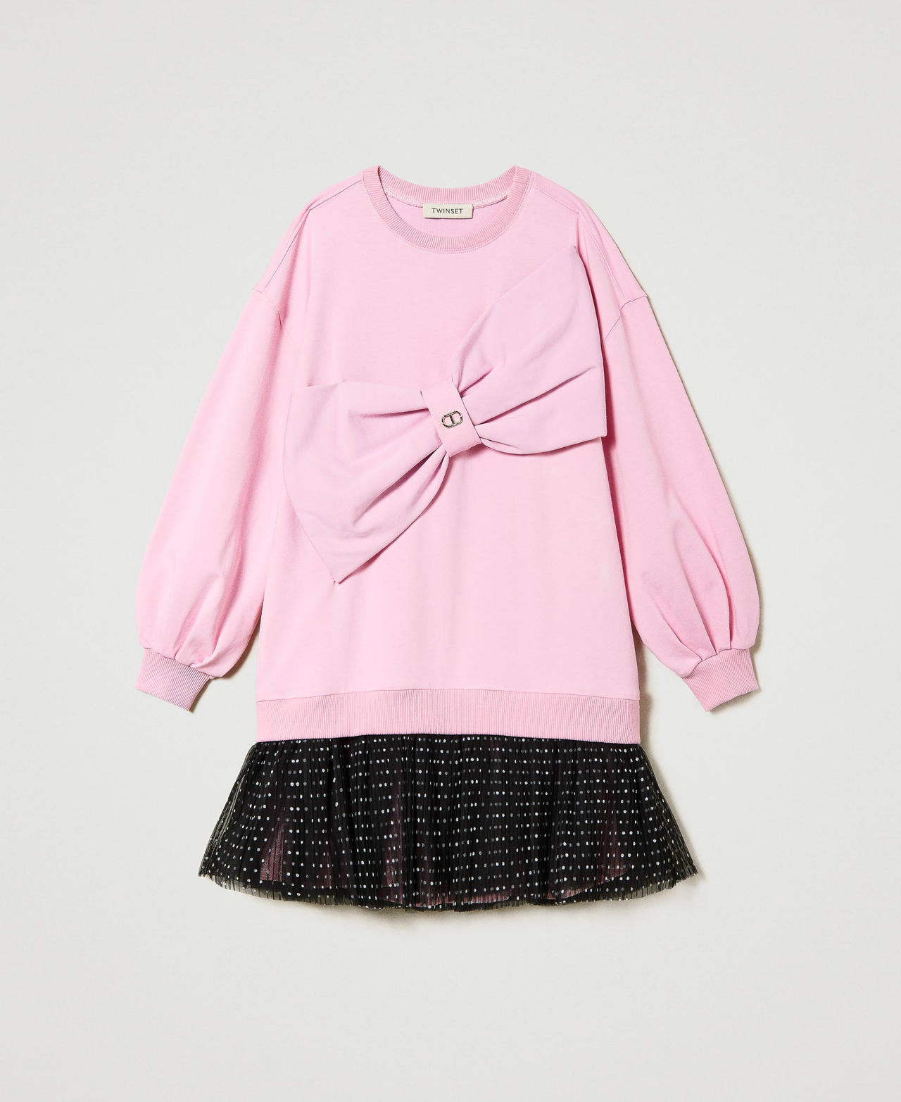Short plush fabric dress with polka-dot flounce