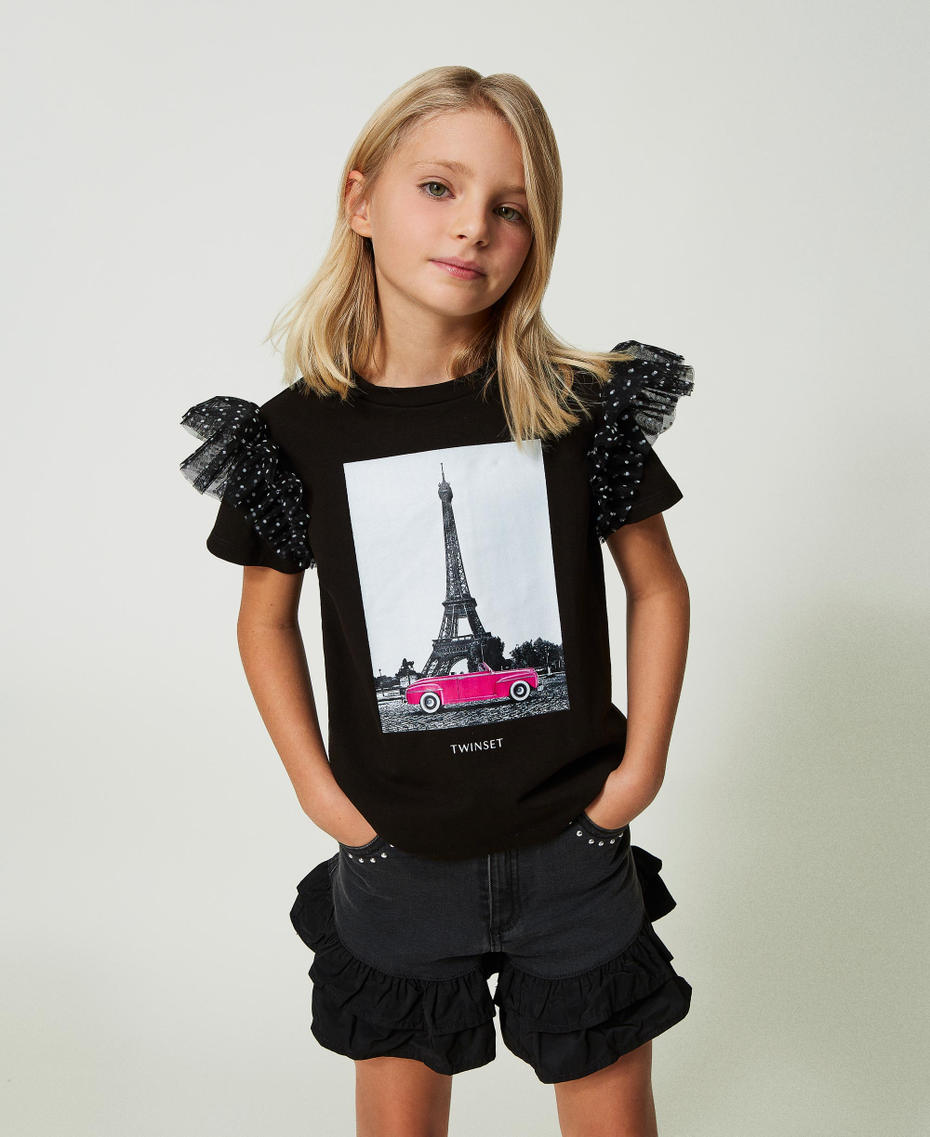 T-shirt with print and polka-dot ruffles