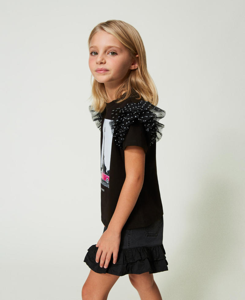 T-shirt with print and polka-dot ruffles