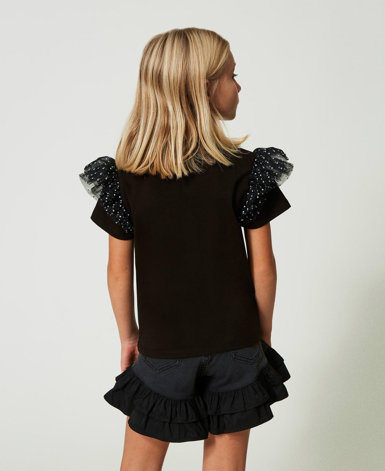 T-shirt with print and polka-dot ruffles