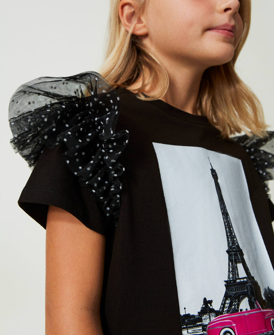 T-shirt with print and polka-dot ruffles