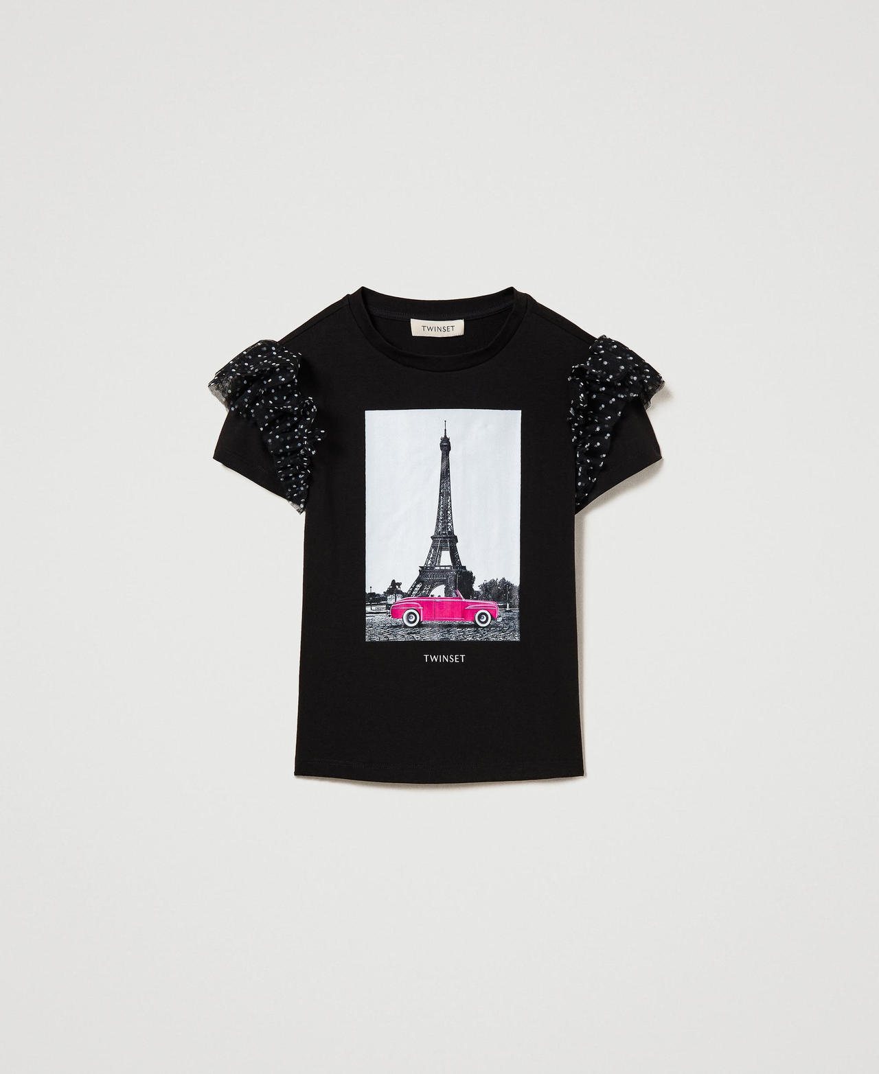 T-shirt with print and polka-dot ruffles