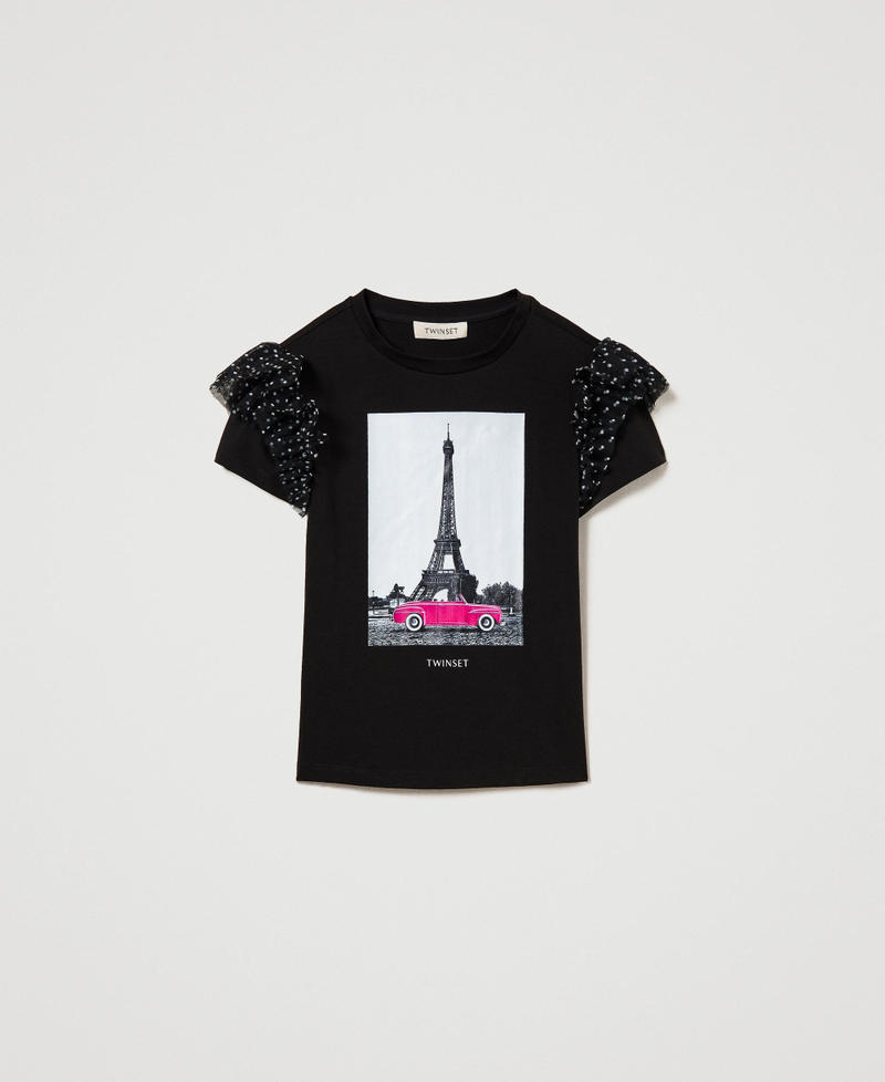 T-shirt with print and polka-dot ruffles
