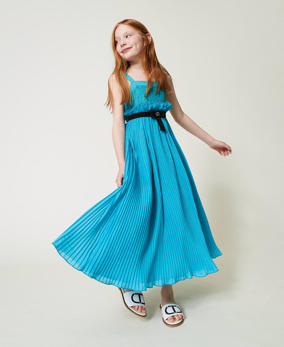 Long dress with lace and pleats Iceland Blue Girl 241GJ2Q50-01