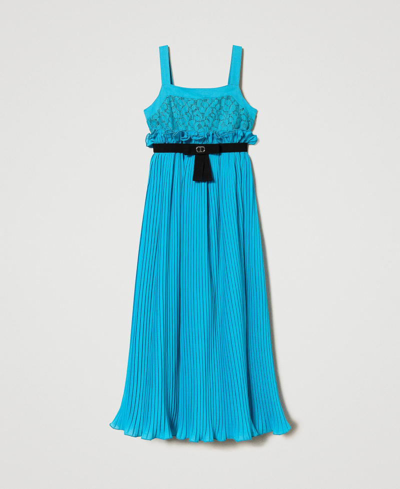 Long dress with lace and pleats Iceland Blue Girl 241GJ2Q50-0S