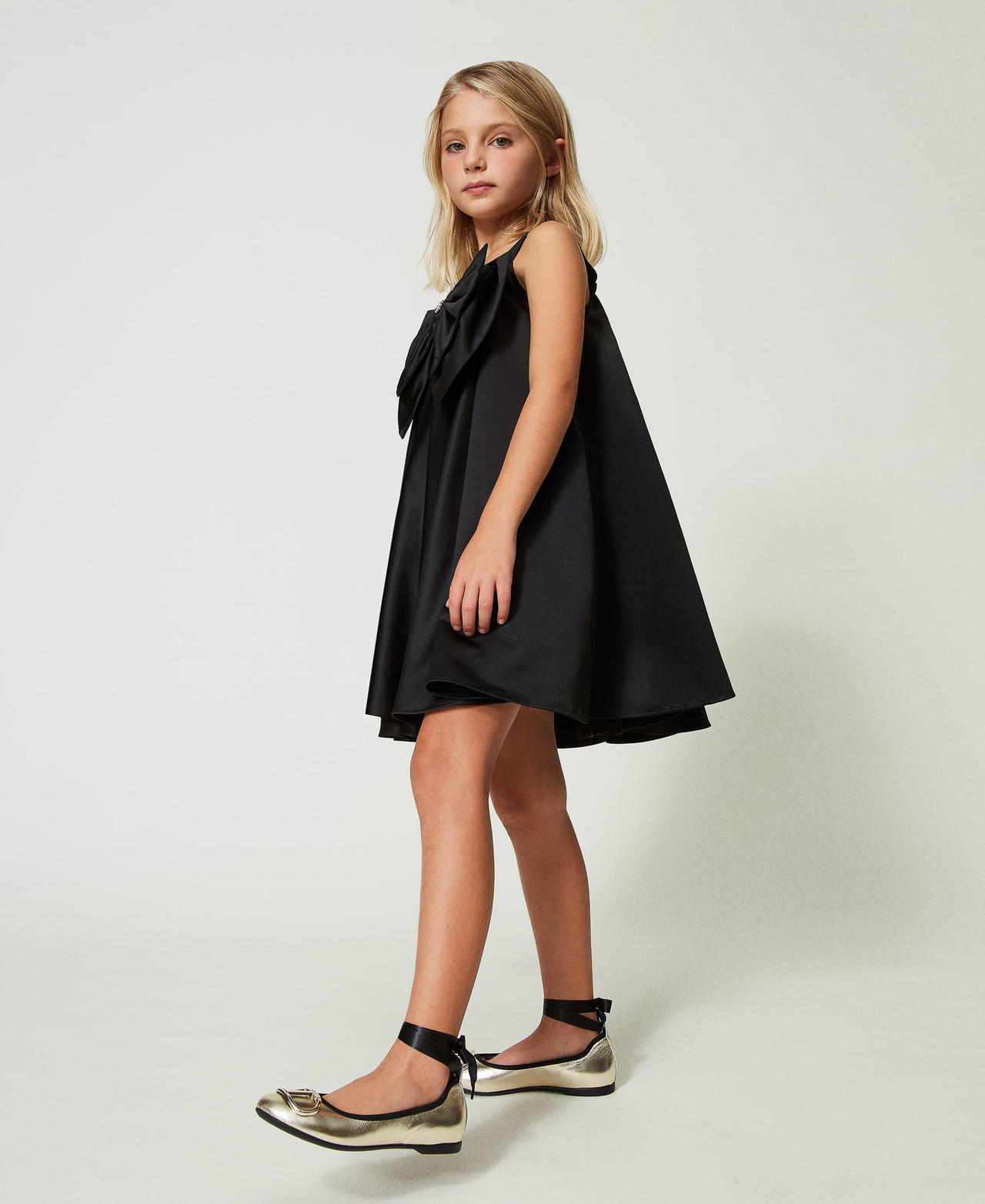 Short satin dress with bow Black Girl 241GJ2Q90-02