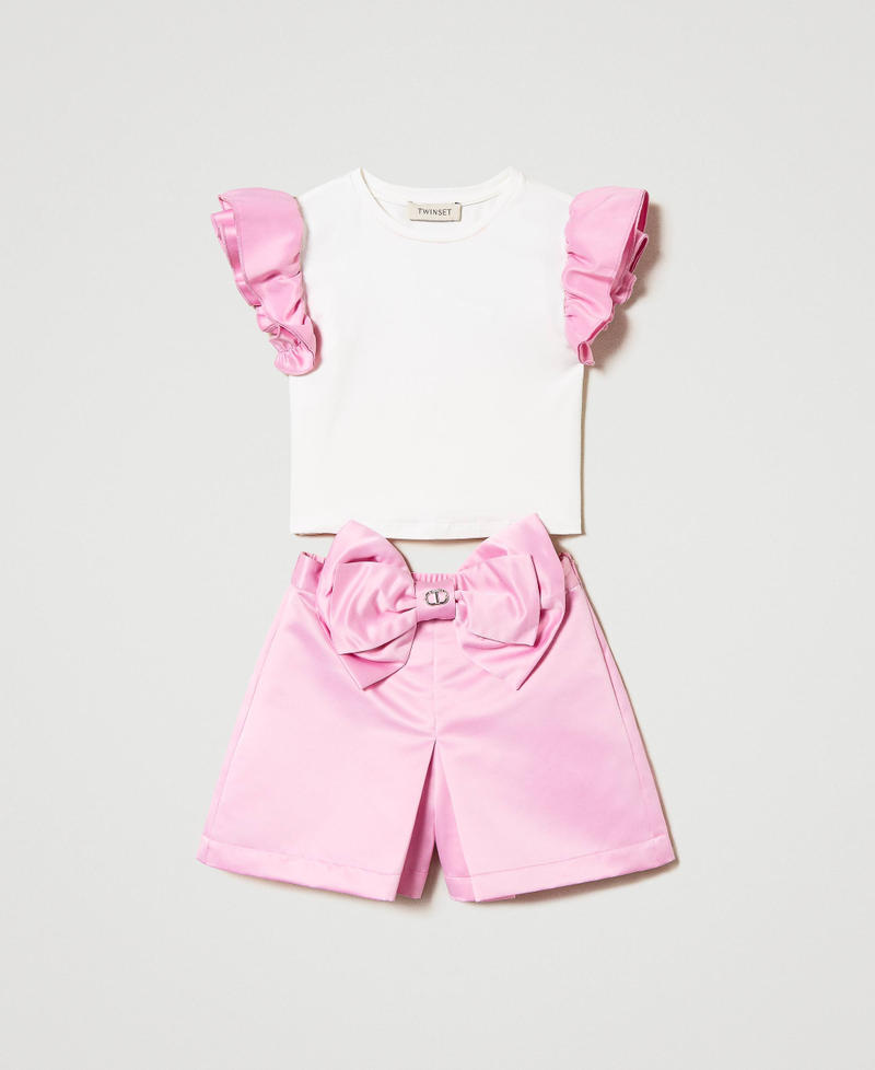 T-shirt in jersey e shorts in raso Bicolor Bianco "Lucent White" / Rosa "Bonbon" Bambina 241GJ2Q92-0S