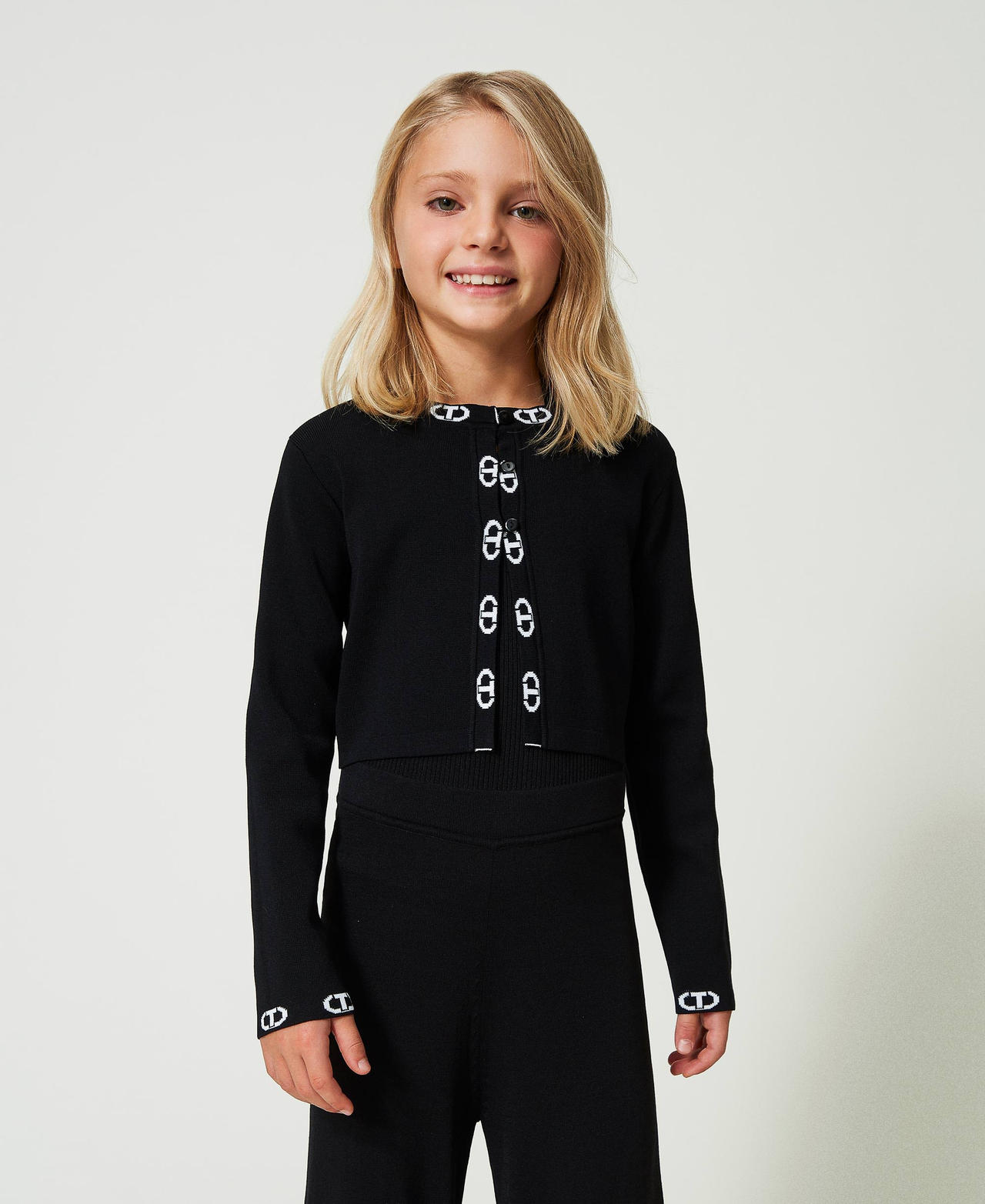 Ribbed cardigan with jacquard logo