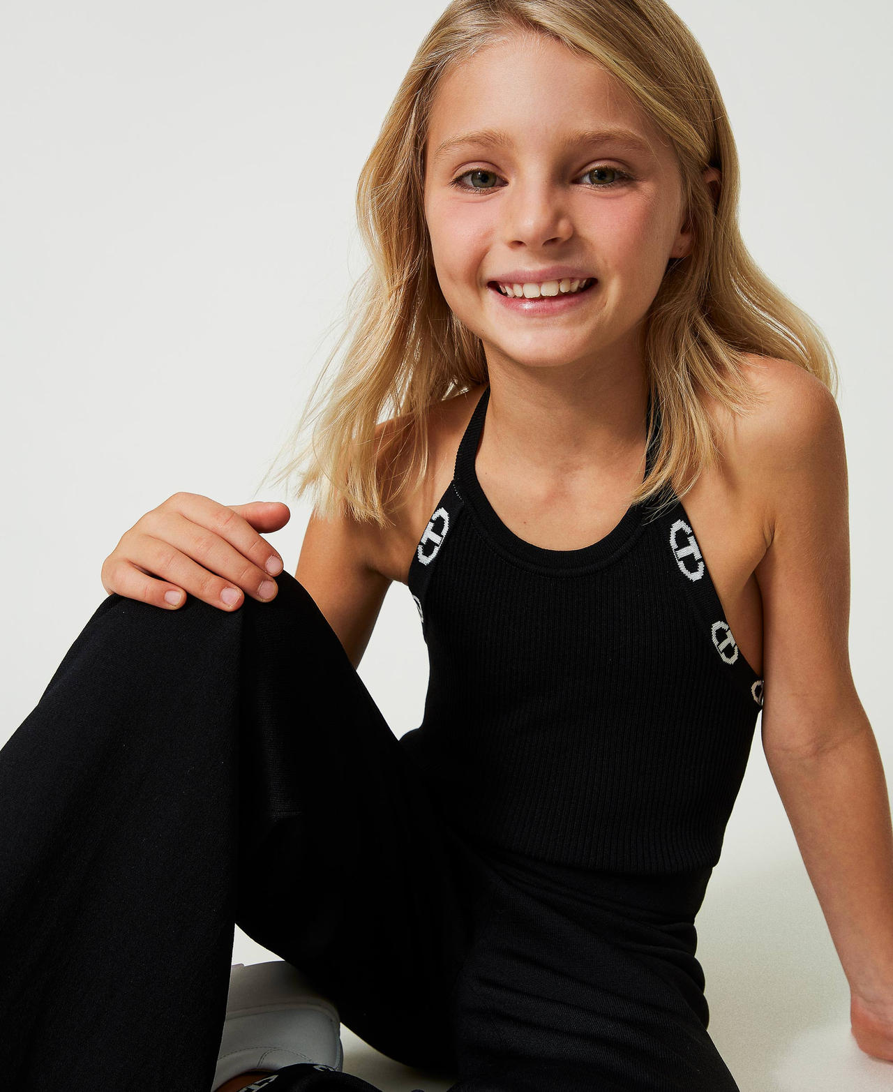 Knitted jumpsuits with jacquard logo Two-tone Black / "Lucent White&rdquo; Girl 241GJ3012_11395_01