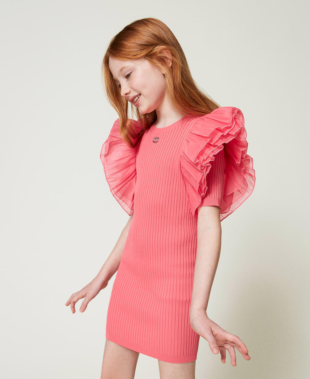 Приталенное платье с рукавами из органзы Розовый "Розовая Камелия" Девочка 241GJ3021-02