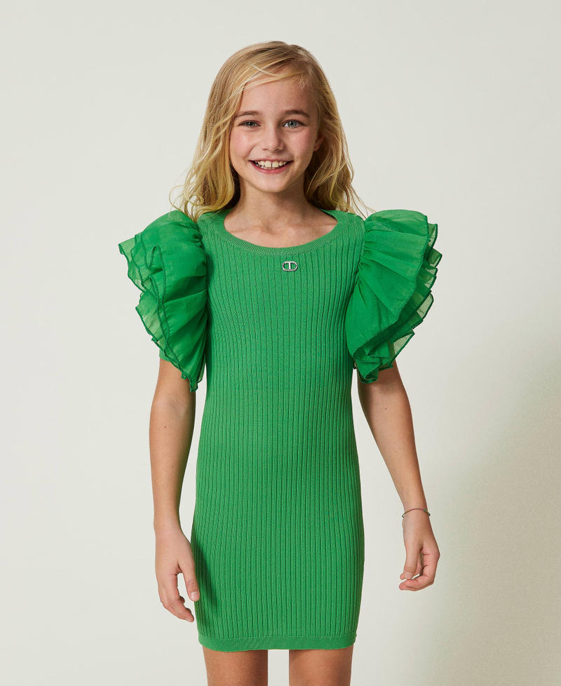 Fitted dress with organza sleeves &ldquo;Four Leaf Clover&rdquo; Green Girl 241GJ3021_11248_01