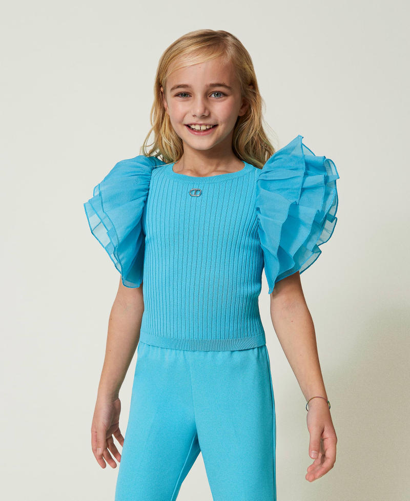 Fitted top with organza sleeves Iceland Blue Girl 241GJ3022-02
