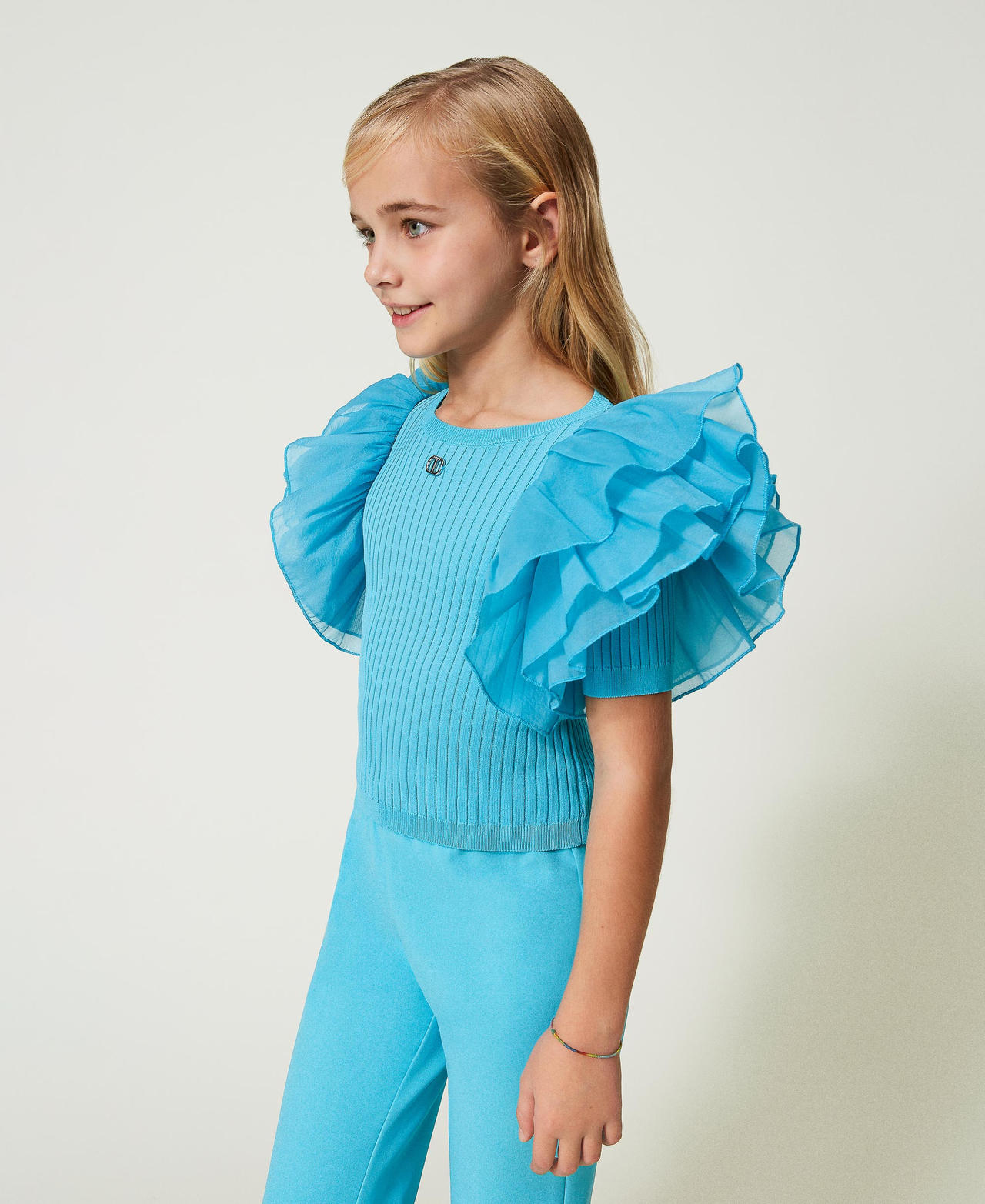 Fitted top with organza sleeves Iceland Blue Girl 241GJ3022-03