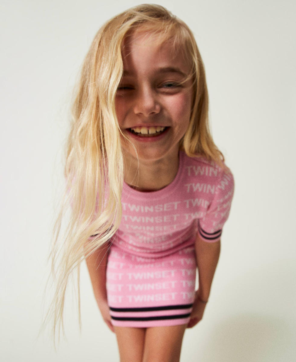 Short ribbed dress with jacquard logo &ldquo;Bonbon&rdquo; Pink / "Lucent White"/ Black Multicolour Girl 241GJ3090_11398_01