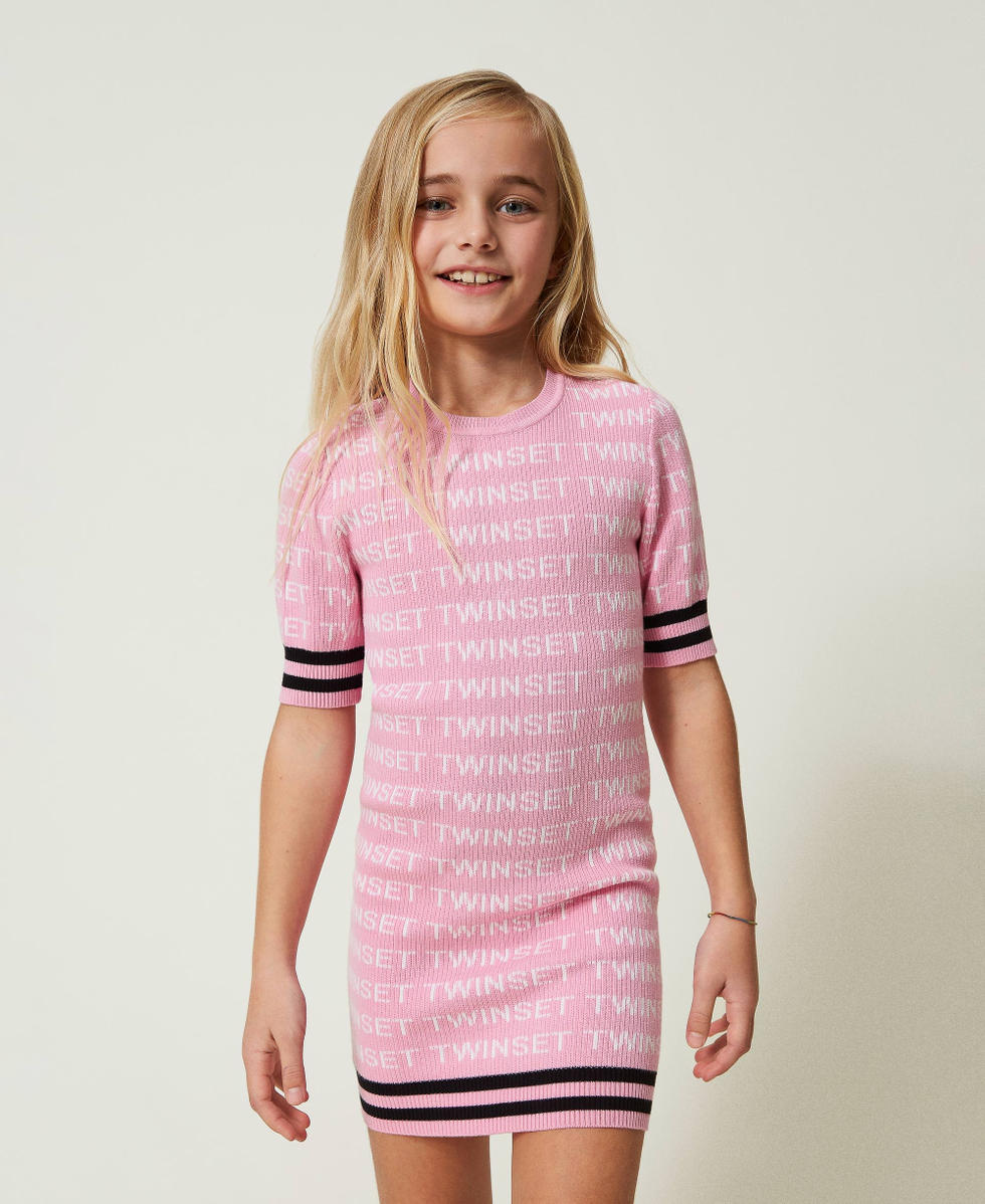 Short ribbed dress with jacquard logo &ldquo;Bonbon&rdquo; Pink / "Lucent White"/ Black Multicolour Girl 241GJ3090_11398_02