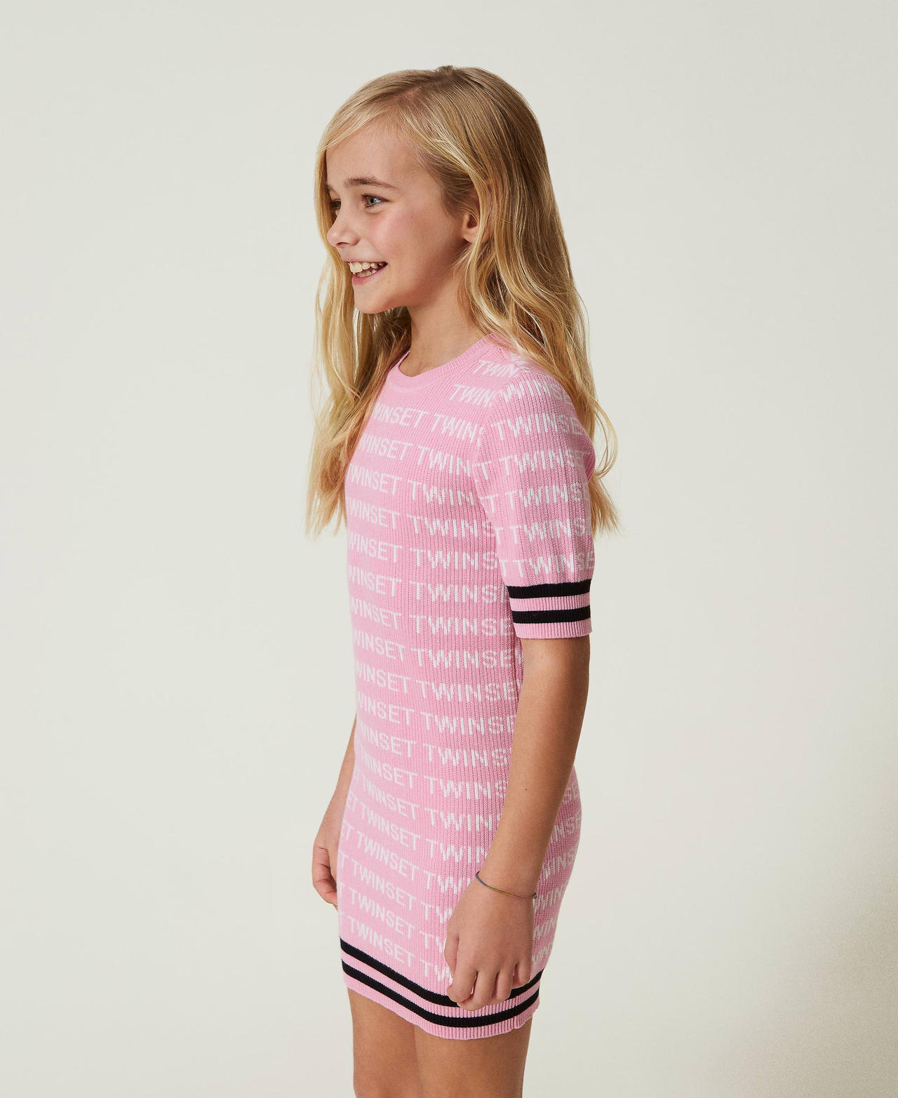 Short ribbed dress with jacquard logo “Bonbon” Pink / "Lucent White"/ Black Multicolour Girl 241GJ3090-03