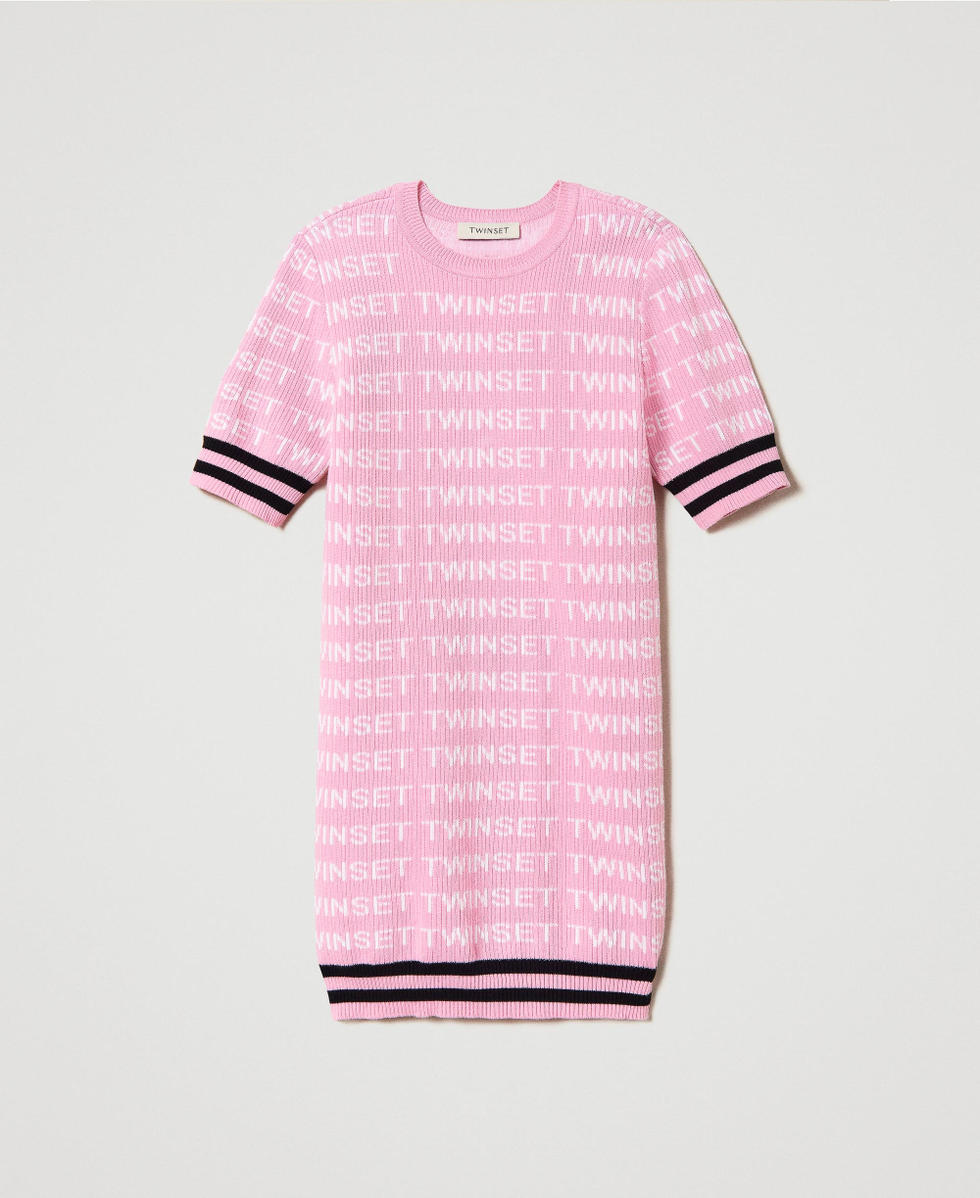 Short ribbed dress with jacquard logo &ldquo;Bonbon&rdquo; Pink / "Lucent White"/ Black Multicolour Girl 241GJ3090_11398_S0