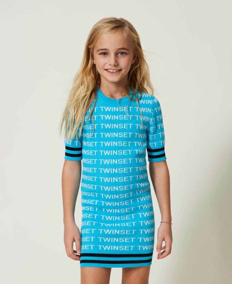 Abito corto a costine con logo jacquard Multicolor Iceland Blue / Bianco "Lucent White" / Nero Bambina 241GJ3090_11487_01