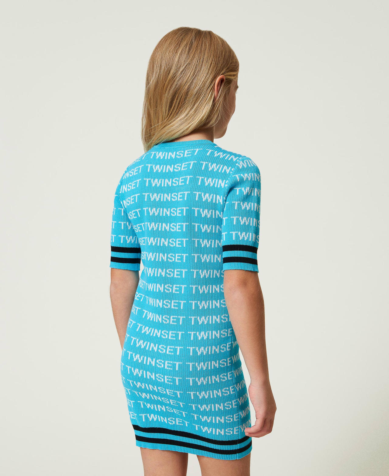 Abito corto a costine con logo jacquard Multicolor Iceland Blue / Bianco "Lucent White" / Nero Bambina 241GJ3090_11487_03
