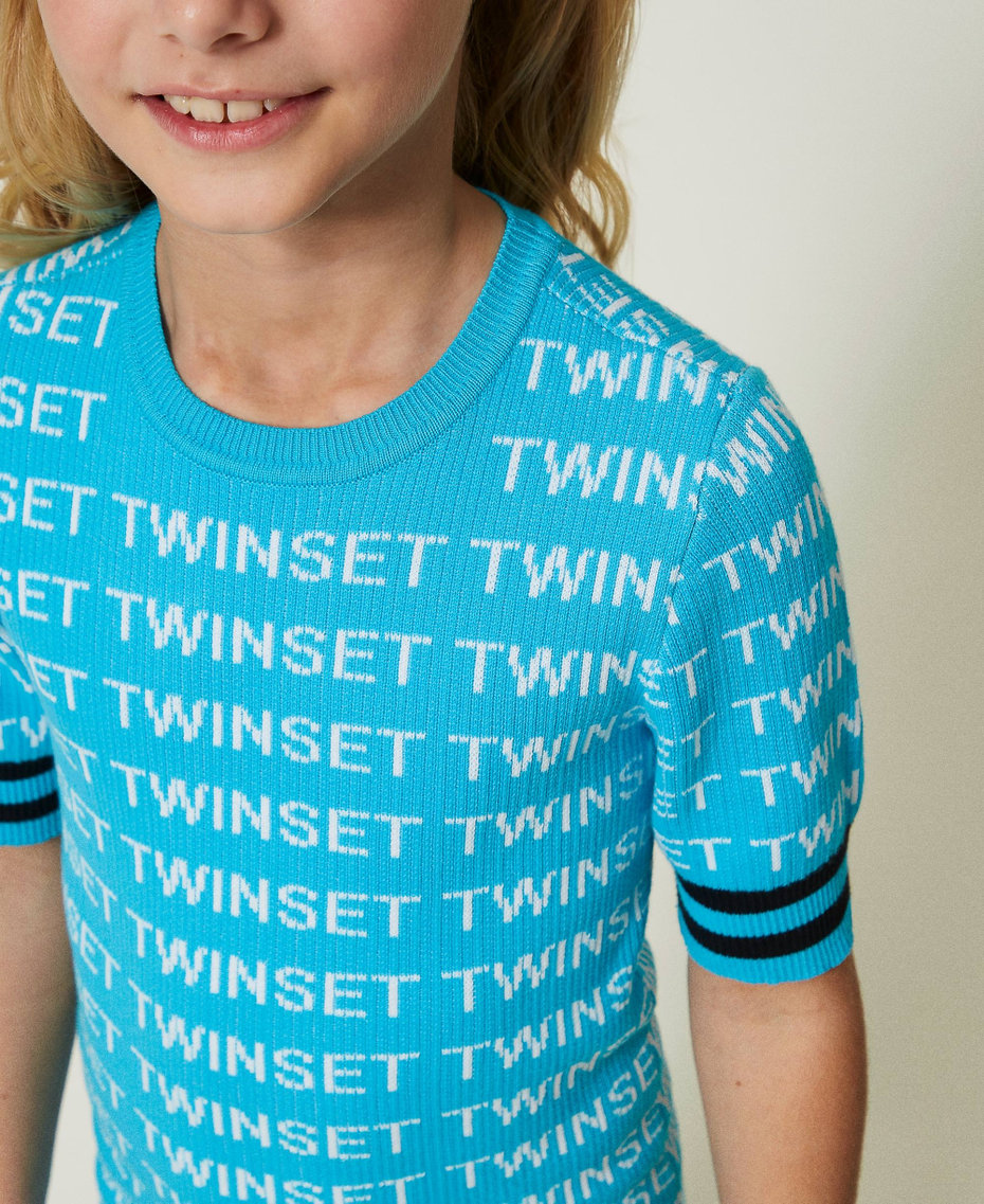 Abito corto a costine con logo jacquard Multicolor Iceland Blue / Bianco "Lucent White" / Nero Bambina 241GJ3090_11487_04