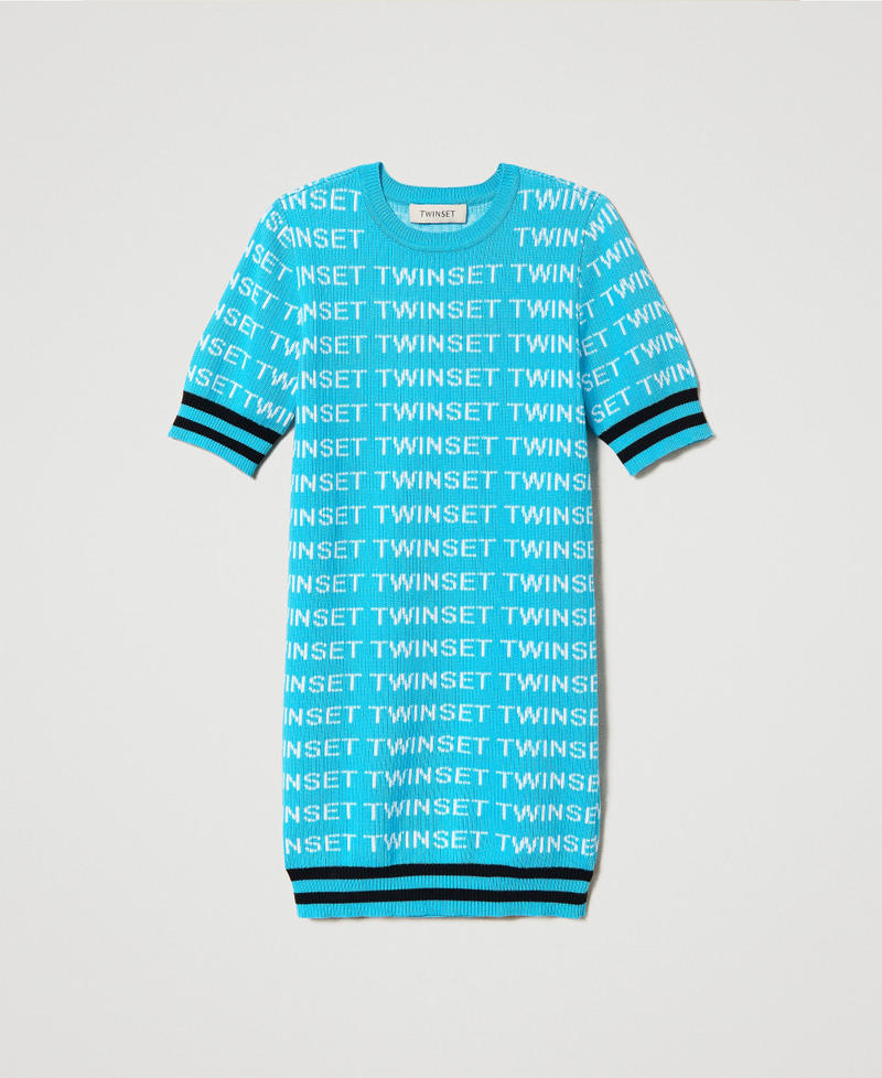 Abito corto a costine con logo jacquard Multicolor Iceland Blue / Bianco "Lucent White" / Nero Bambina 241GJ3090_11487_S0