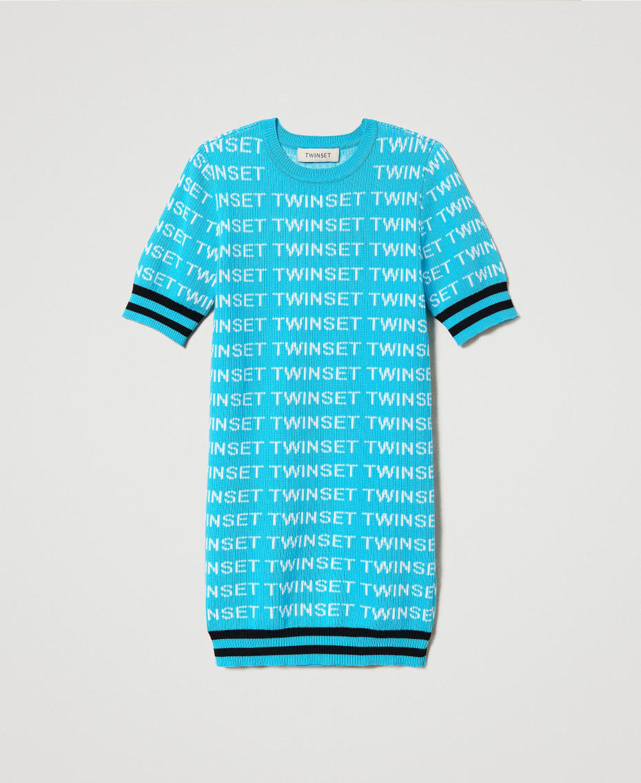 Abito corto a costine con logo jacquard Multicolor Iceland Blue / Bianco "Lucent White" / Nero Bambina 241GJ3090_11487_S0