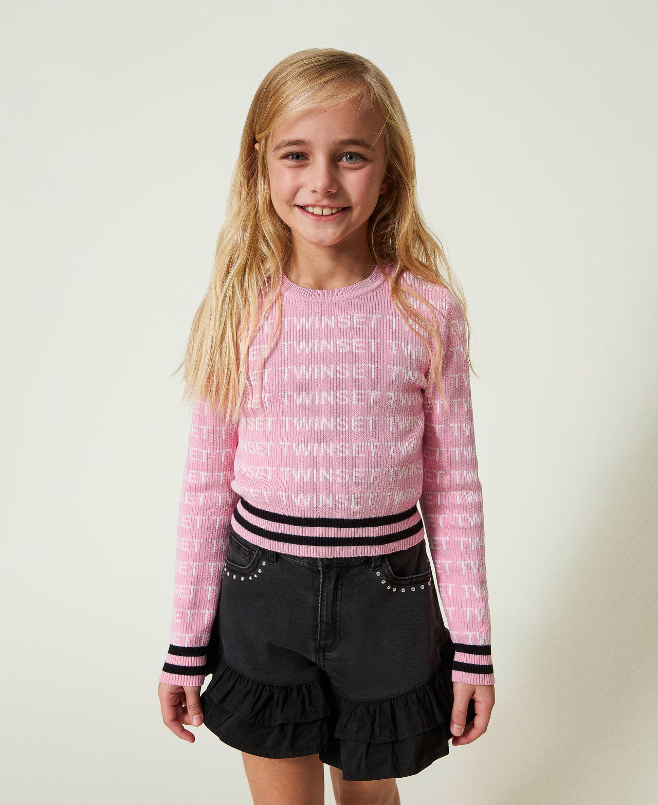 Pull cotele avec logo jacquard Fille Rose TWINSET Milano