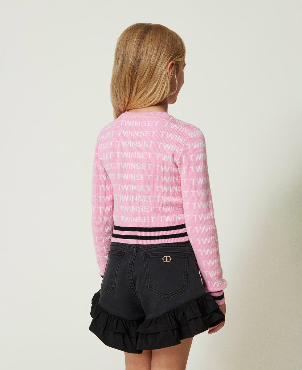 Pull c&ocirc;tel&eacute; avec logo jacquard Multicolore Rose &laquo;&thinsp;Bonbon&thinsp;&raquo;/Blanc &laquo;&nbsp;Lucent White&nbsp;&raquo;/Noir Fille 241GJ3091_11398_03