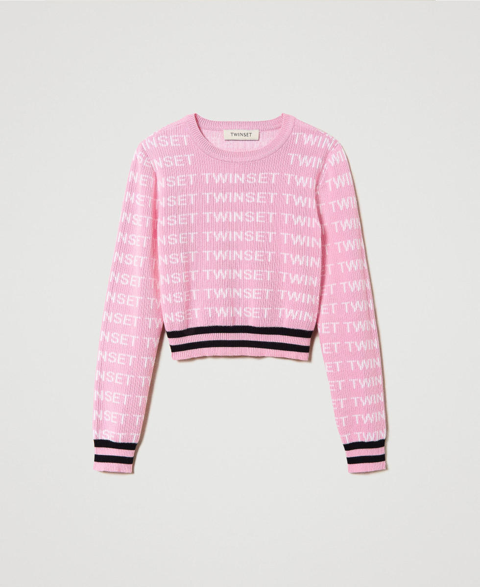 Pull c&ocirc;tel&eacute; avec logo jacquard Multicolore Rose &laquo;&thinsp;Bonbon&thinsp;&raquo;/Blanc &laquo;&nbsp;Lucent White&nbsp;&raquo;/Noir Fille 241GJ3091_11398_S0
