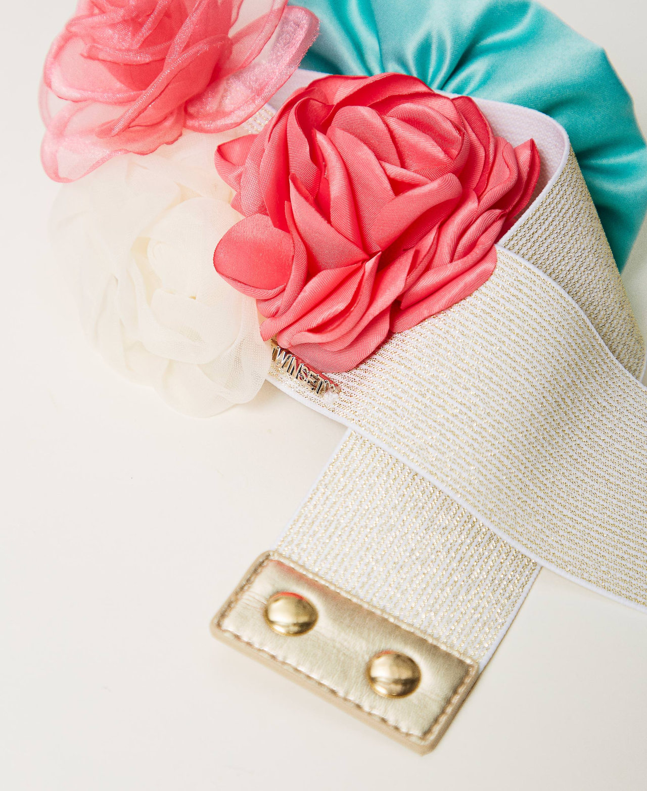 Elasticated belt with flowers “Camellia Rose” Pink / Agata Green / Platinum Multicolour Girl 241GJ5012-02