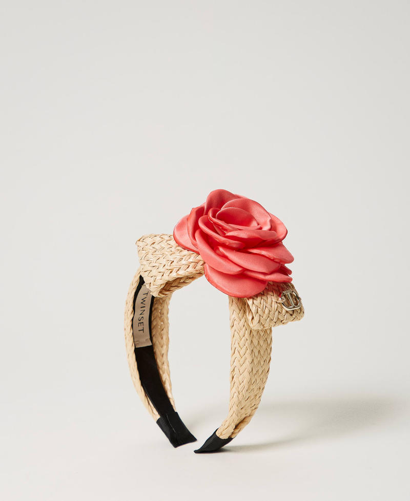 Raffia-like headband with satin flower Two-tone “Straw” Beige / Camellia Rose” Pink Girl 241GJ501C-01