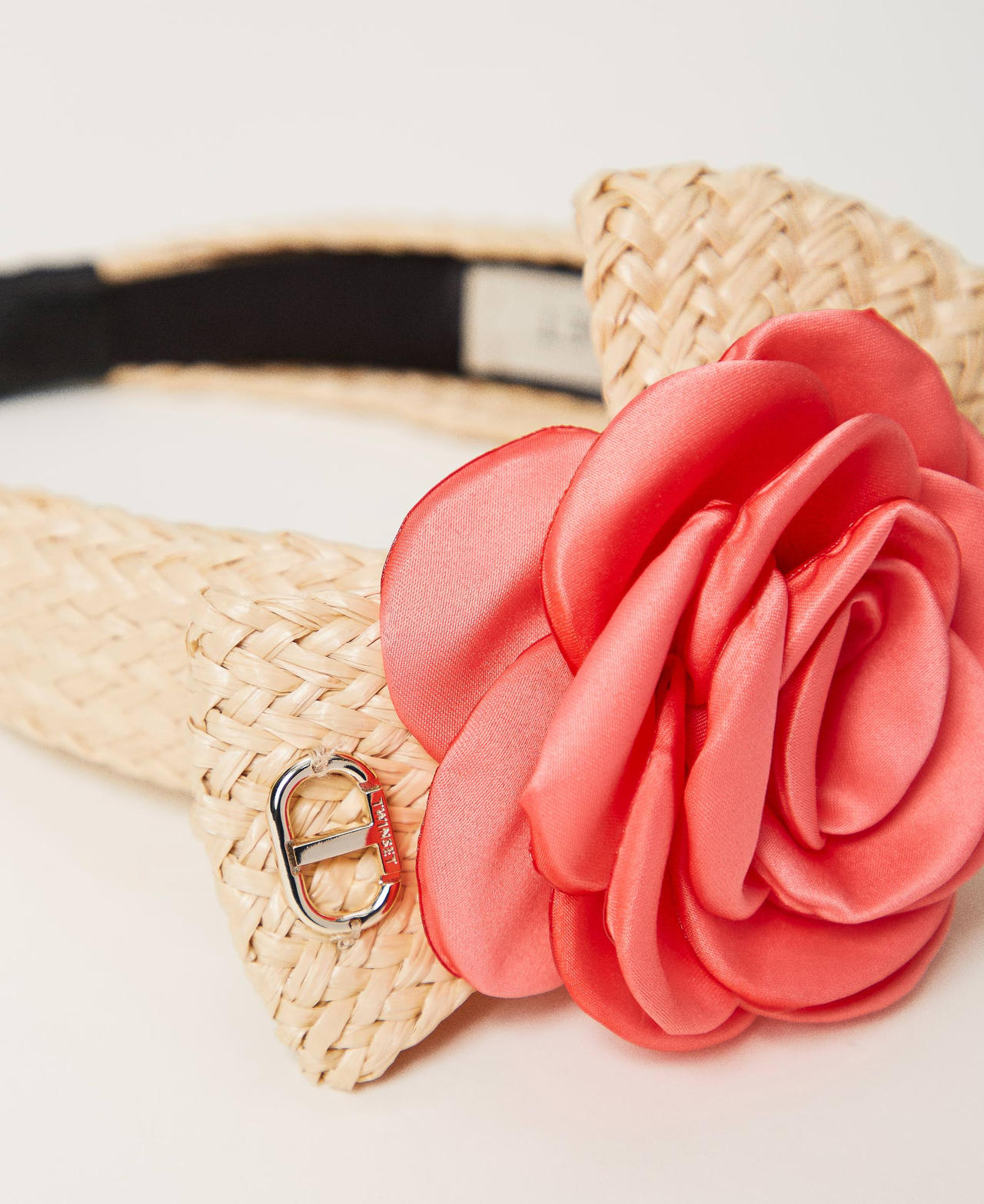 Raffia-like headband with satin flower Two-tone “Straw” Beige / Camellia Rose” Pink Girl 241GJ501C-02