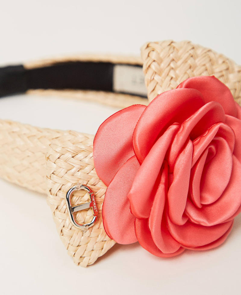 Raffia-like headband with satin flower Two-tone “Straw” Beige / Camellia Rose” Pink Girl 241GJ501C-02