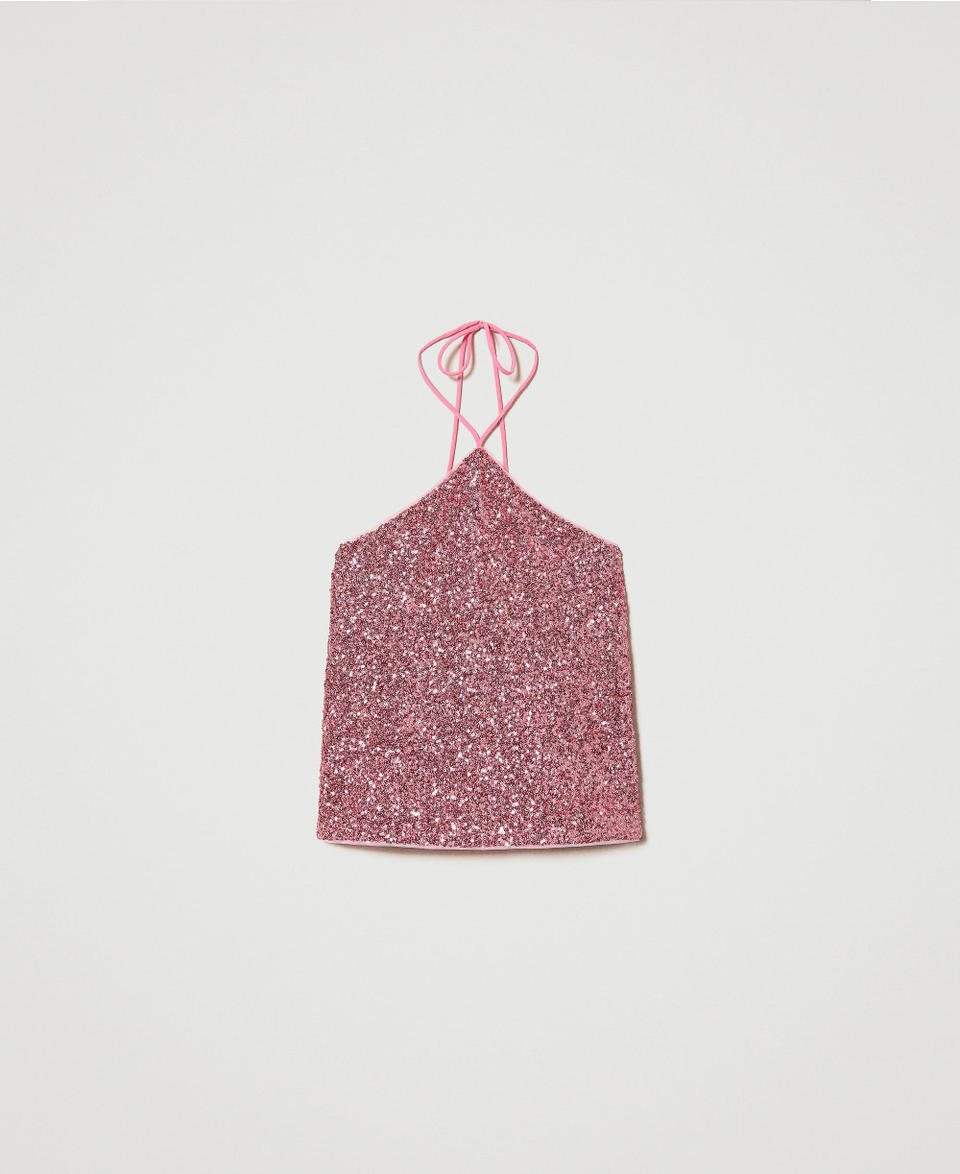 Full sequin halter top "Rose Wine” Pink Woman 241LB21AA_11265_0S
