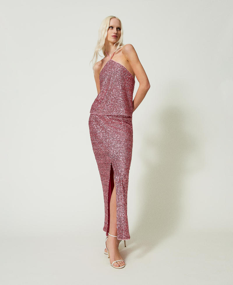 Full sequin long skirt "Rose Wine” Pink Woman 241LB21CC-01